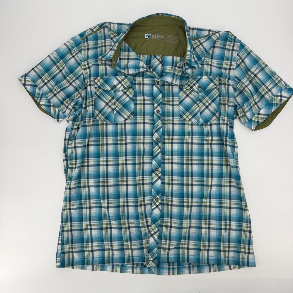 Kuhl Eluxur Mens Large Blue Green Plaid Short Sleeve Button Down Hiking Shirt
